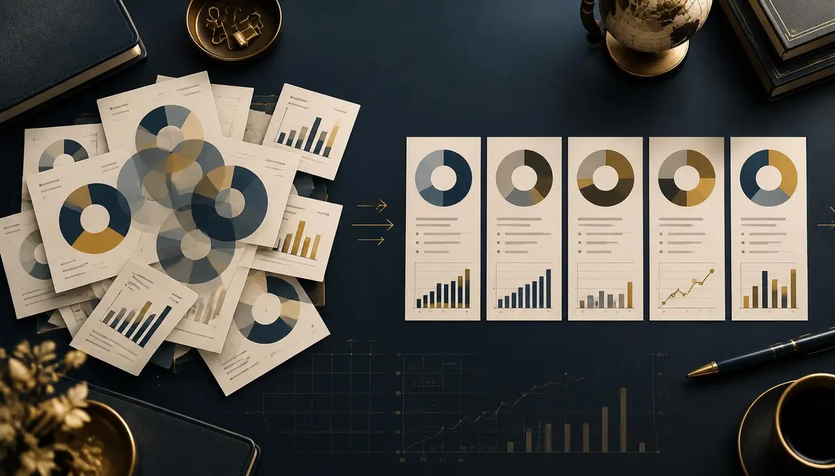 Overlapping portfolio reports organised into five clear allocation groups
